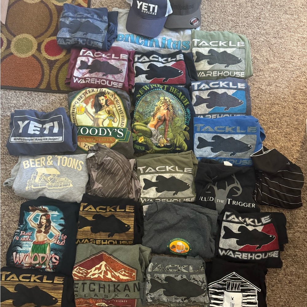 Assorted Mens Shirts, Long Sleeves, Short Sleeves, and Hats, Various Sizes, Yeti